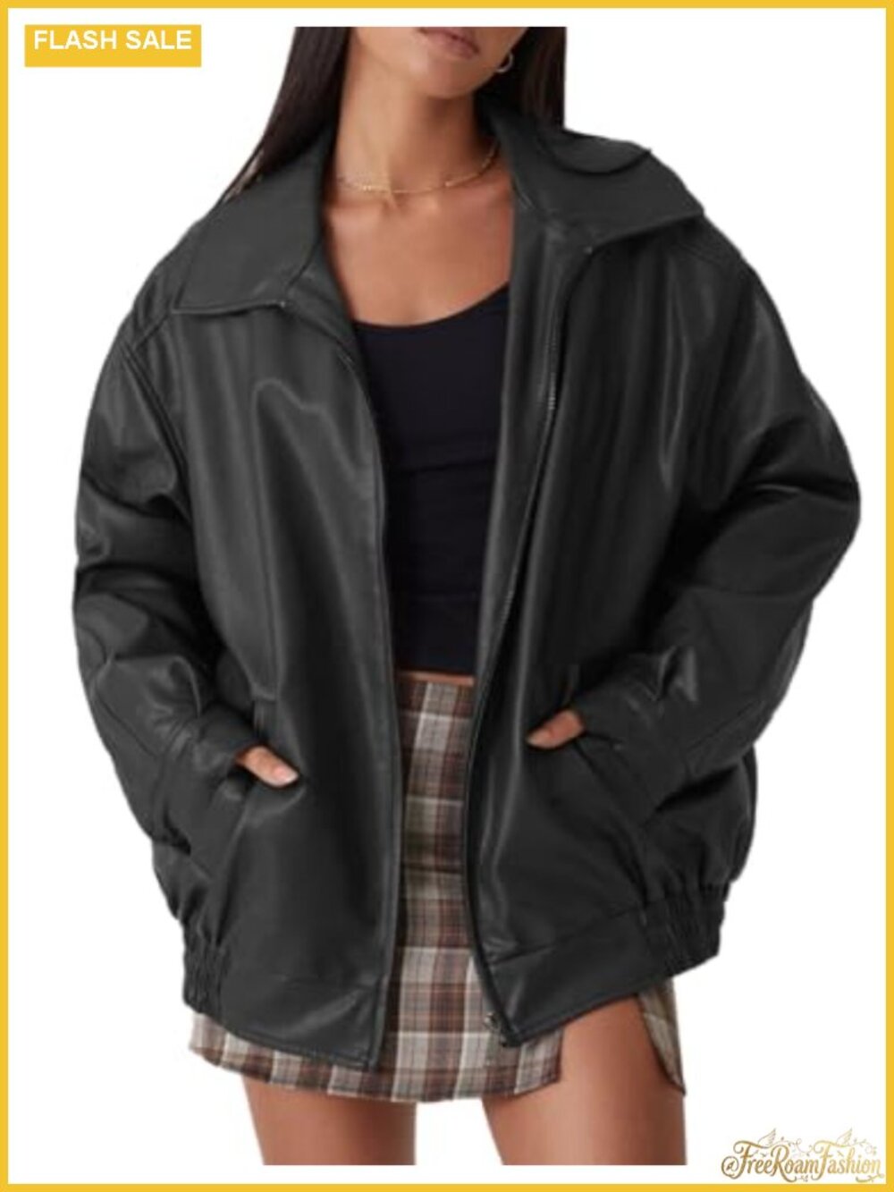 Oversized Faux Leather Moto Biker Jacket Zip Up Women's Coat with Pockets